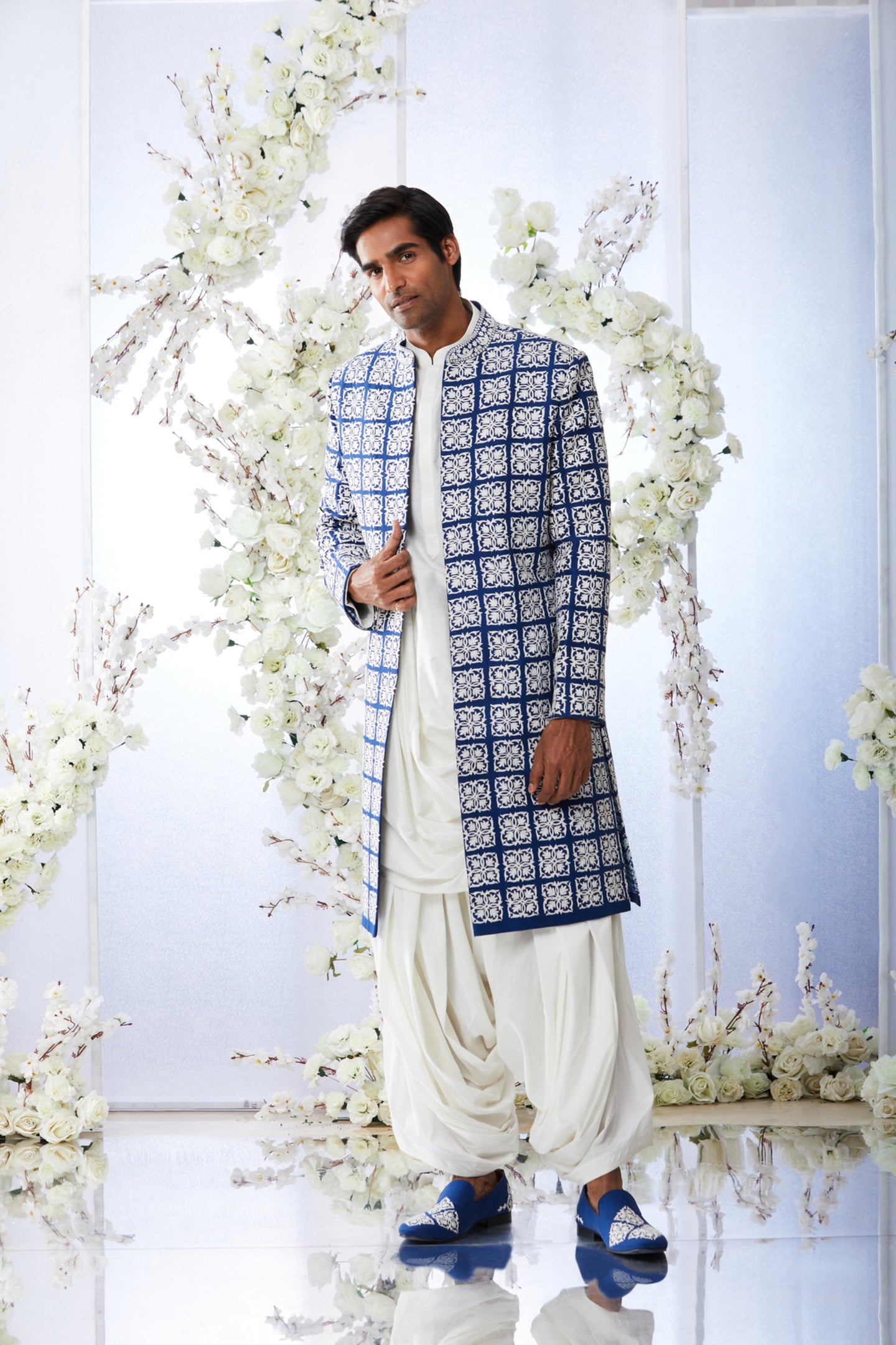 Block Royal Blue Open Sherwani Set