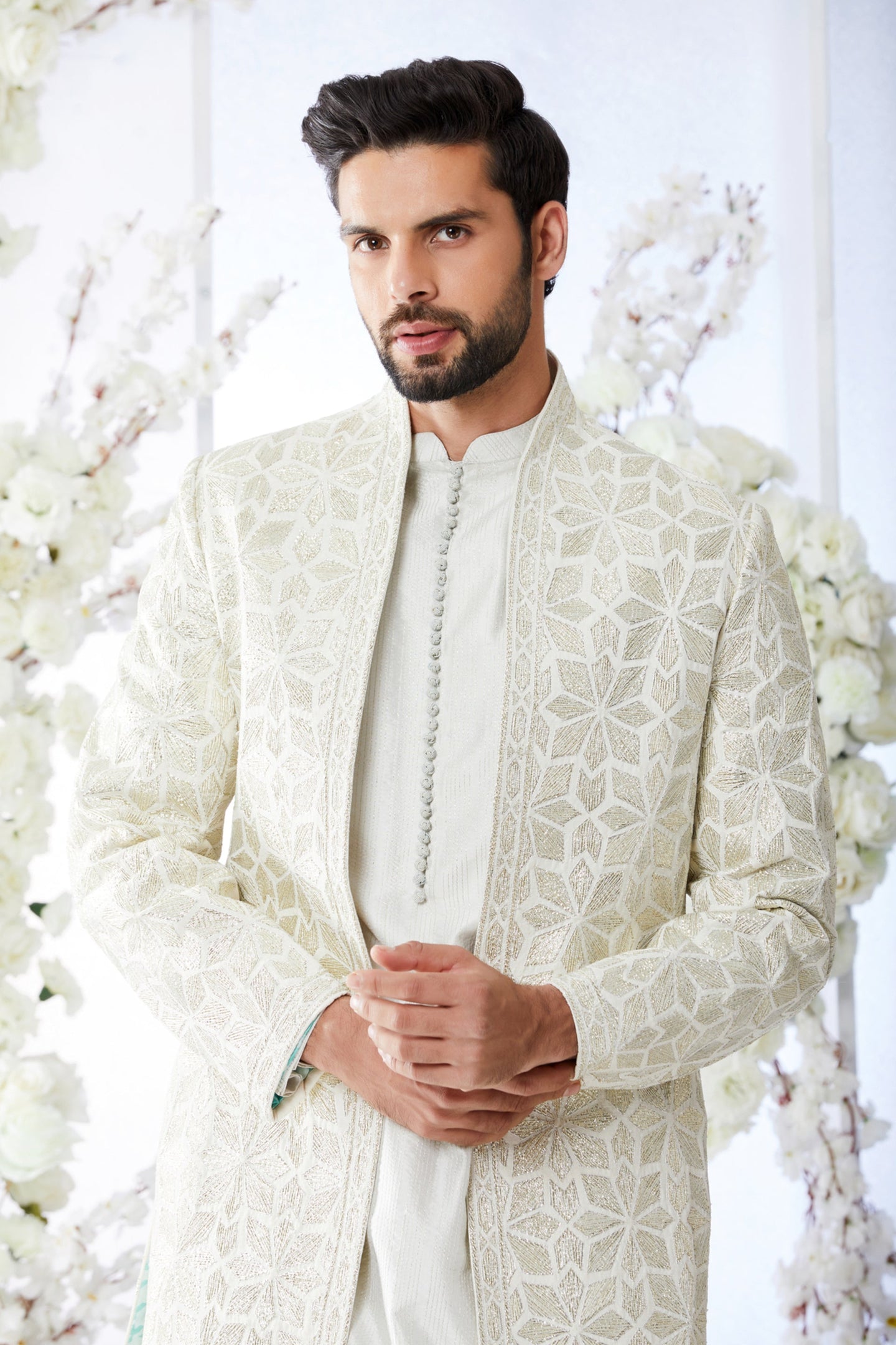 Anique Silver Open Short Sherwani Set