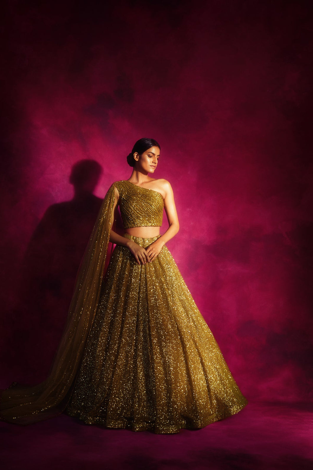 Dull Gold One Shoulder Sequined Lehenga Set