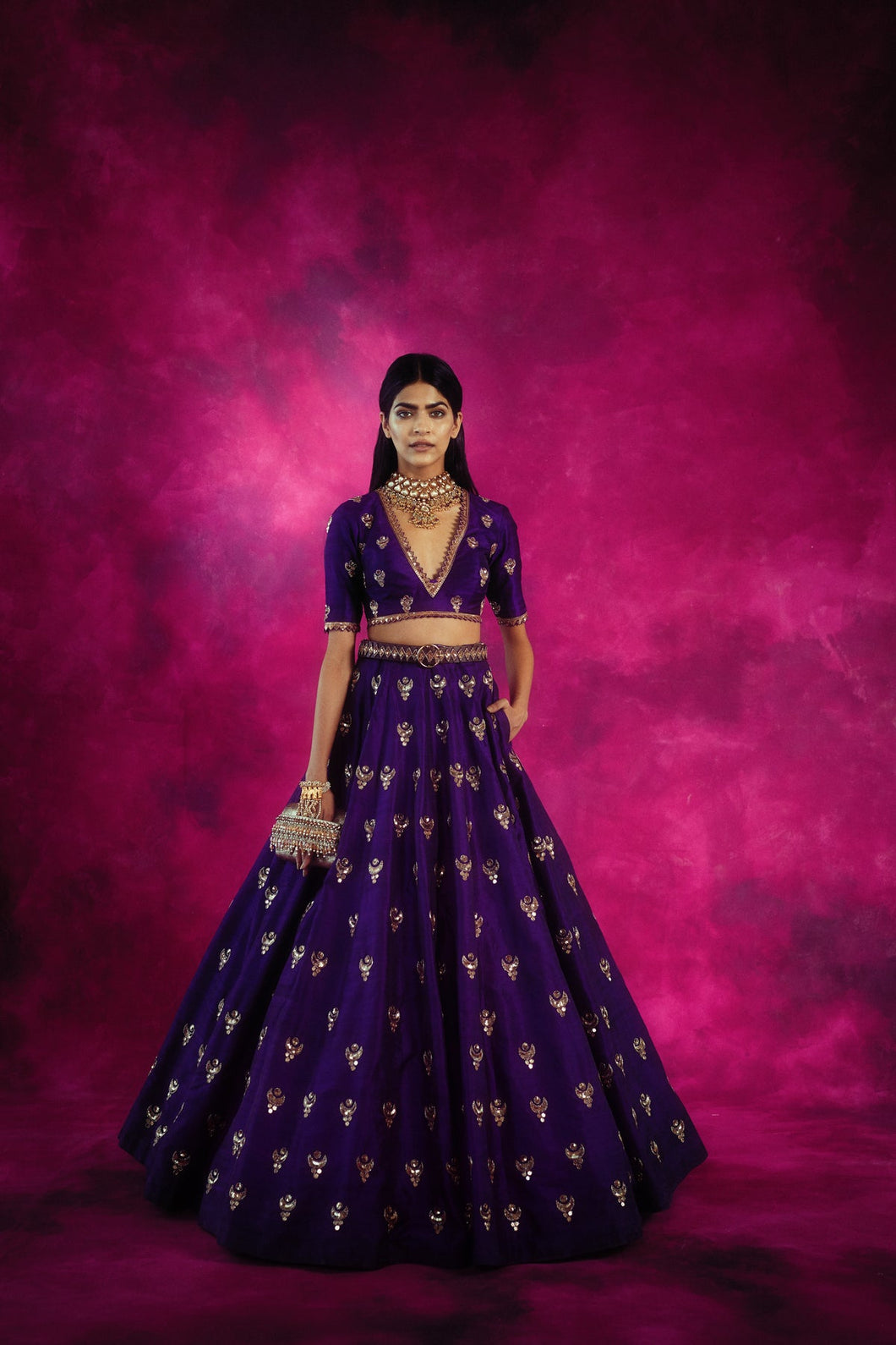 Purple Chand Jaal Crop Top Skirt Set
