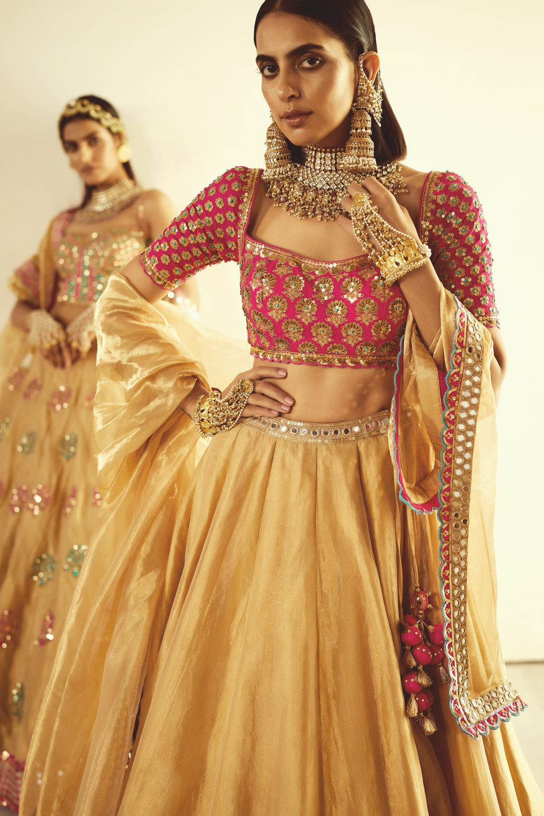 Fuschia & Gold Tissue Lehenga Set