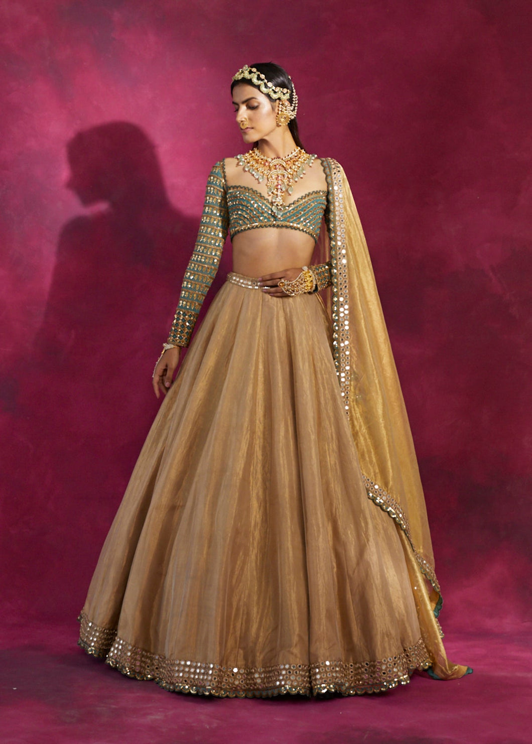 Mud Green & Gold Tissue Lehenga Set