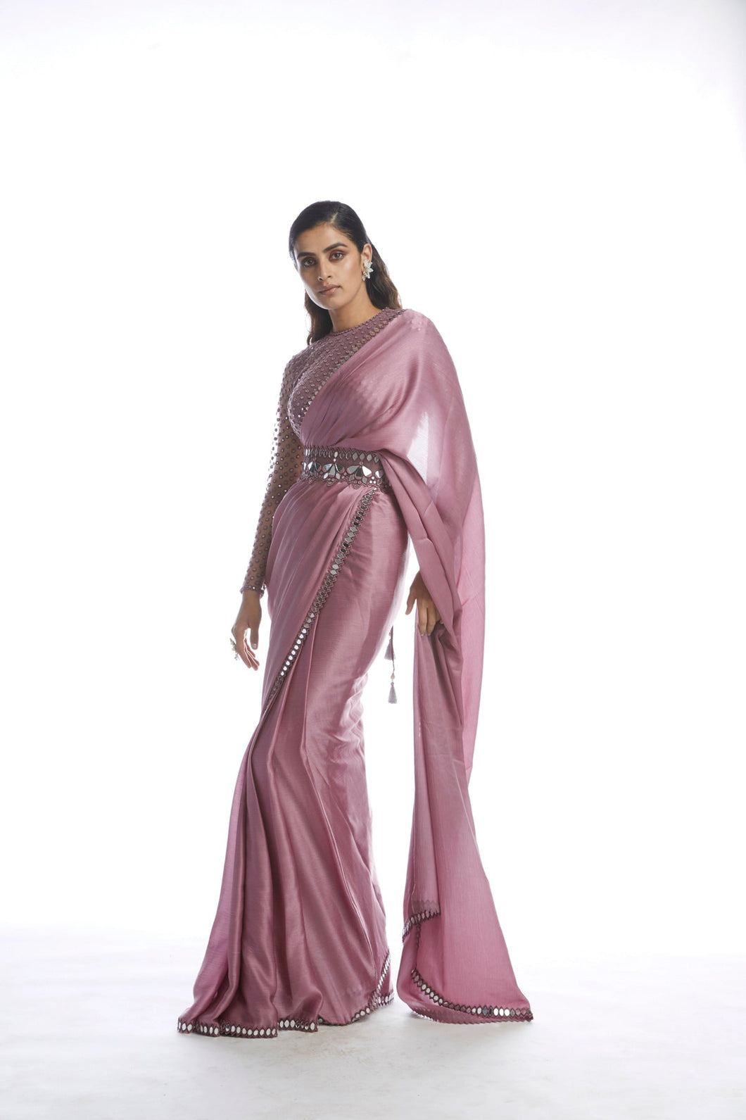 Old Rose Satin Chiffon Saree