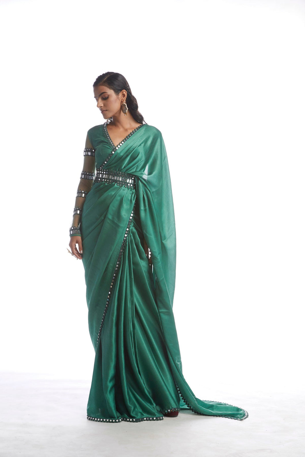 Sage Green Satin Chiffon Saree
