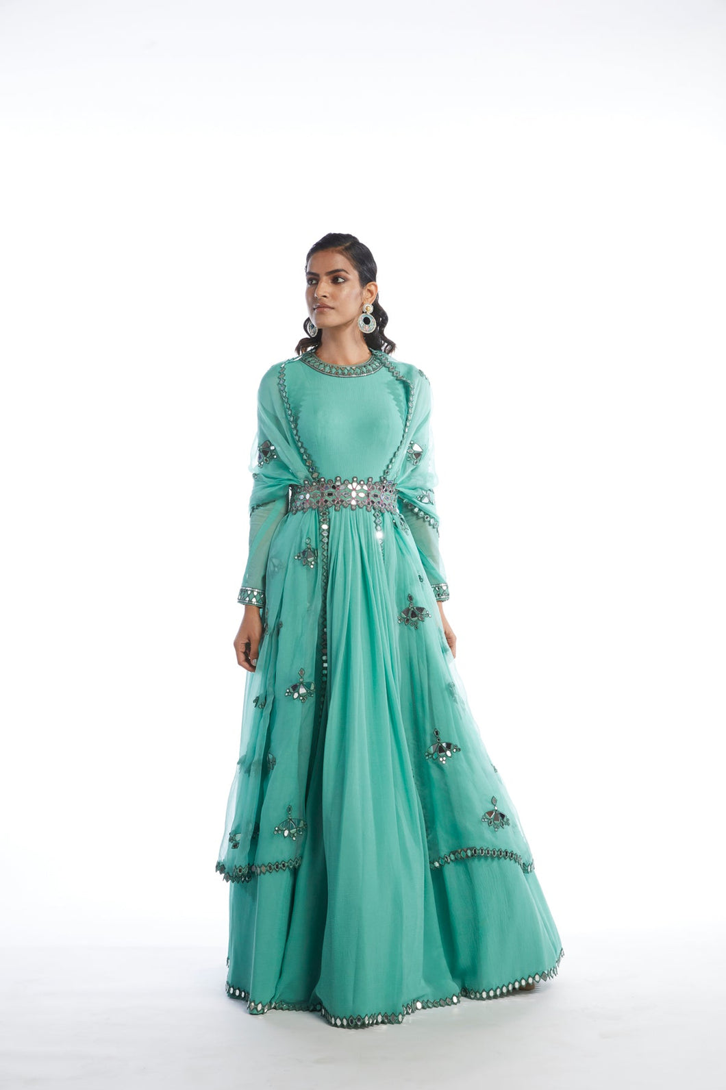Dull Green Mint Chiffon Anarkali Set