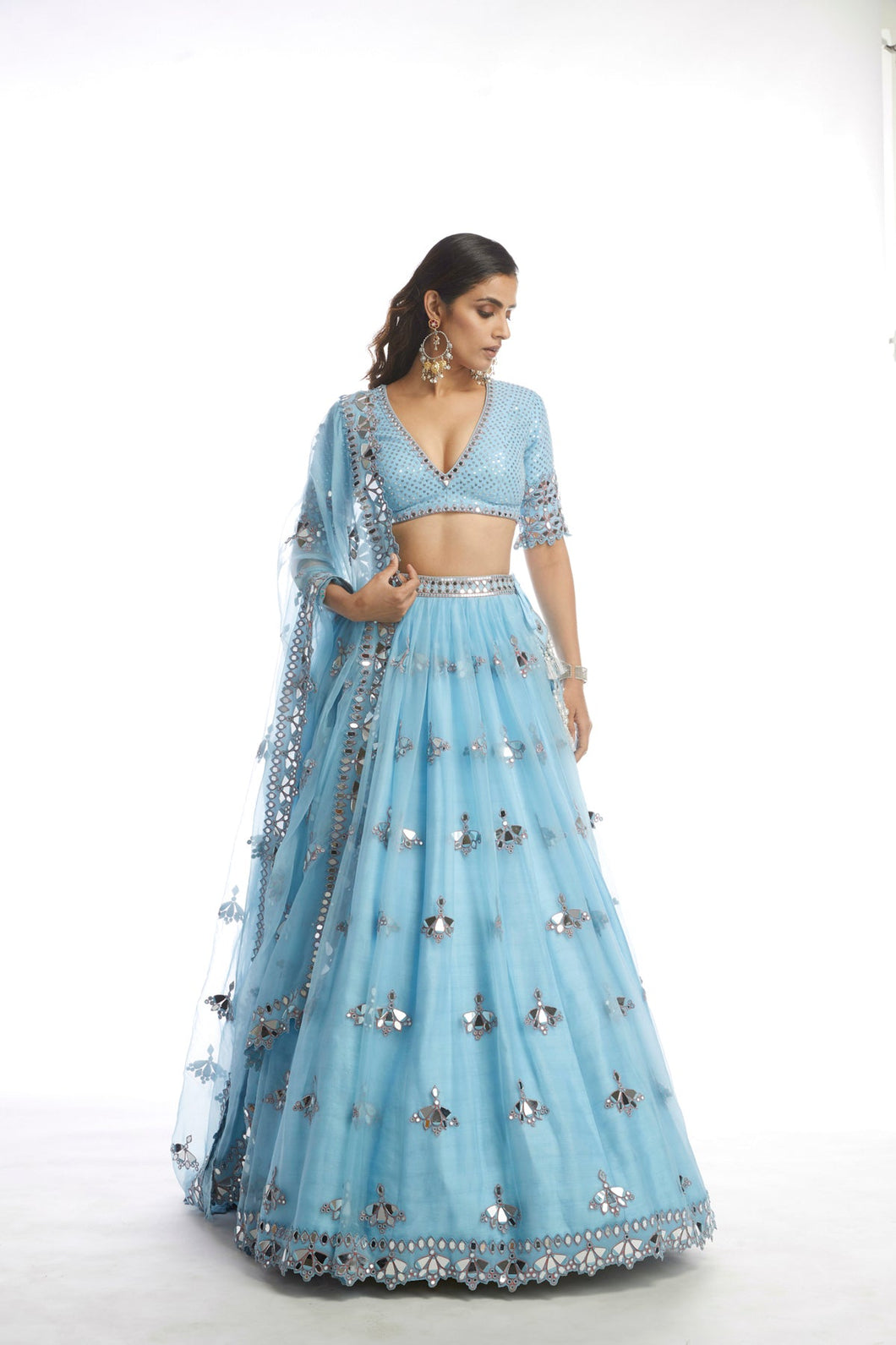 Ice Blue Knife Pleated Mirror Lehanga