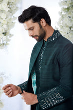 Load image into Gallery viewer, Emerald Green Mirror Open Sherwani Set
