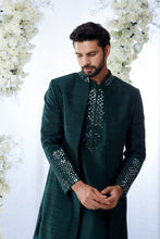 Load image into Gallery viewer, Emerald Green Mirror Open Sherwani Set
