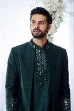 Load image into Gallery viewer, Emerald Green Mirror Open Sherwani Set
