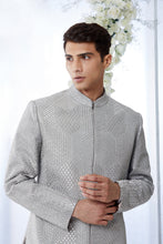 Load image into Gallery viewer, Grey Geomteric Zari Short Sherwani Set
