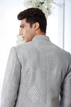 Load image into Gallery viewer, Grey Geomteric Zari Short Sherwani Set
