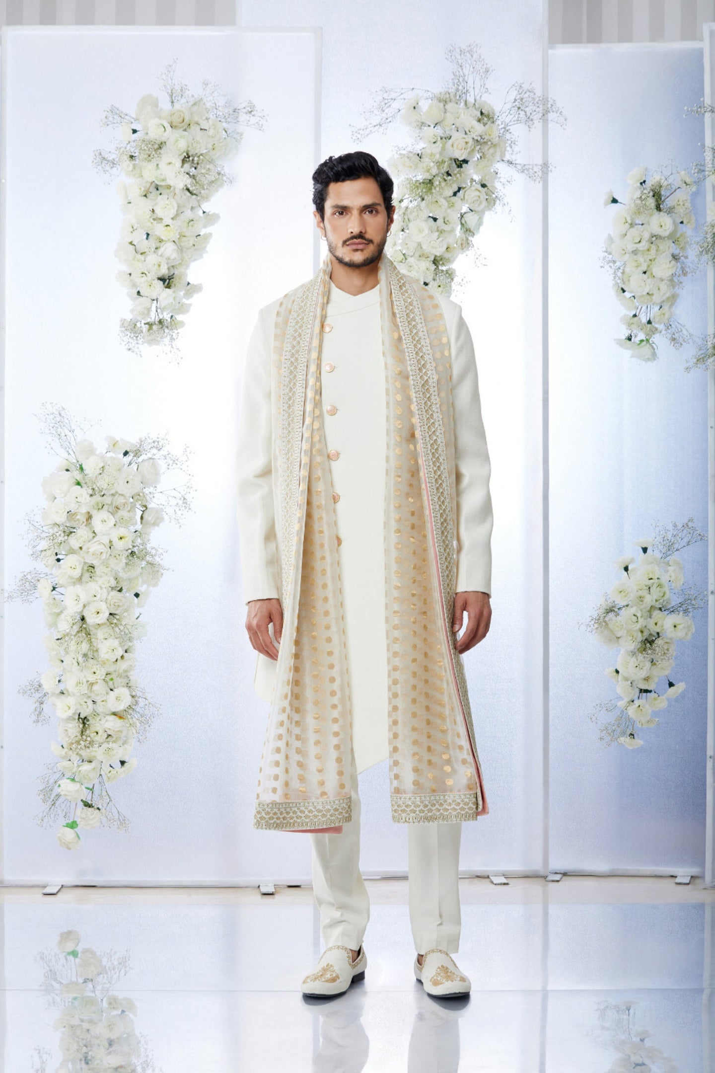 Ivory Peach Meena Button Sherwani Set