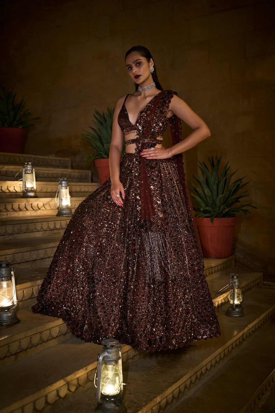 Mocha Sequin Lehenga Set