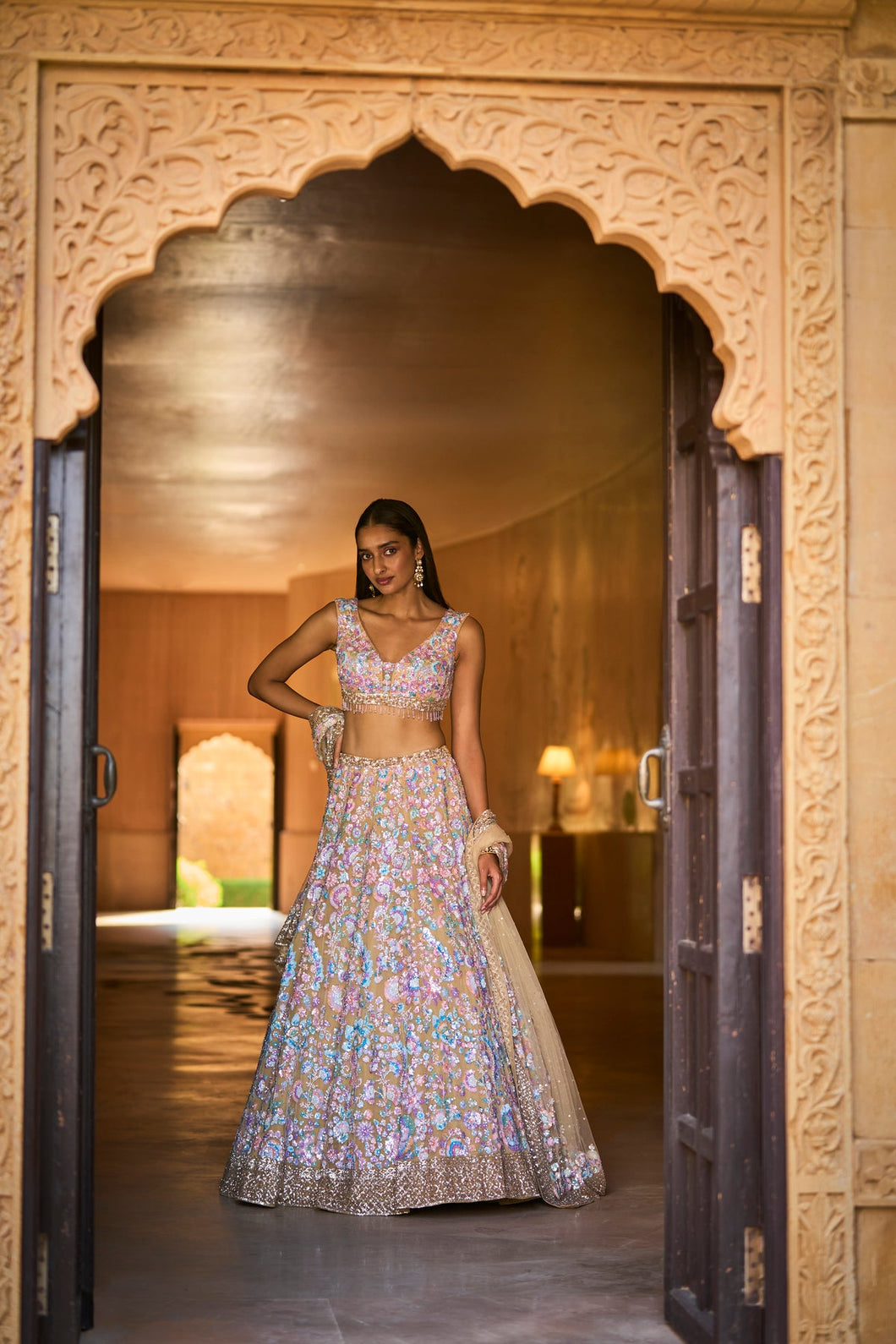 Nude Multi-Coloured Floral Lehenga Set