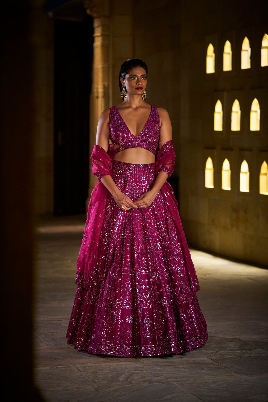 Burgundy Mirror Work Lehenga Set