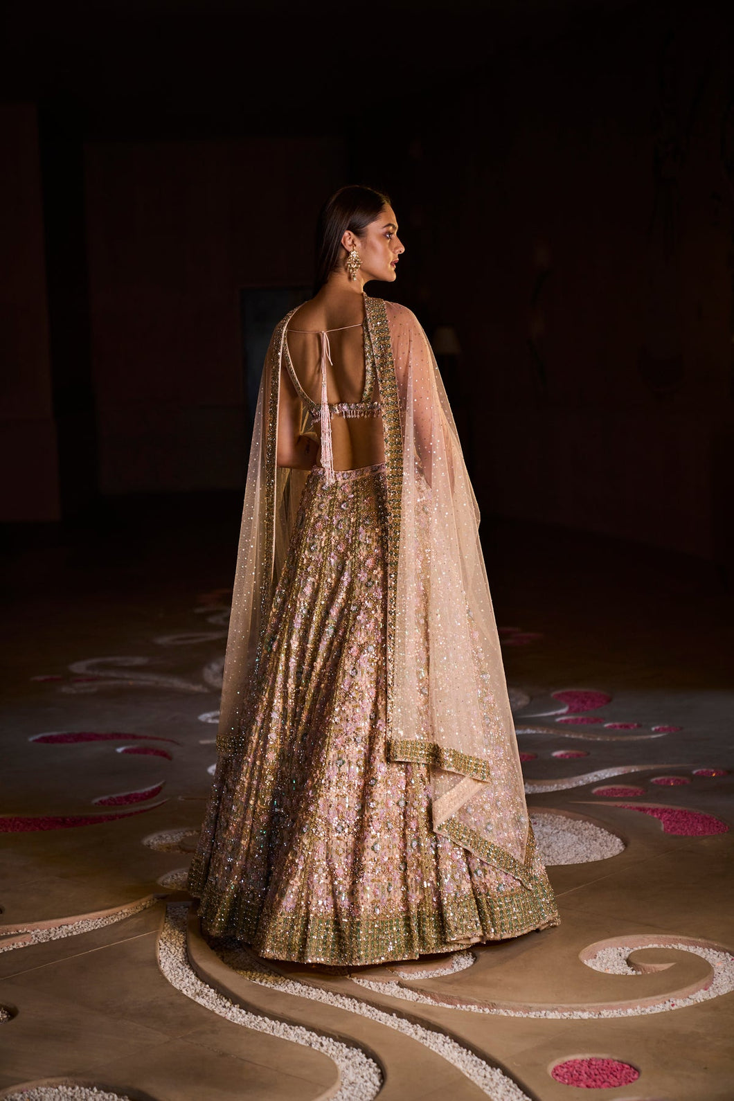 Peach Gold Floral Lehenga Set