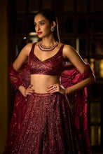Load image into Gallery viewer, Deep Maroon Sequin Lehenga Set
