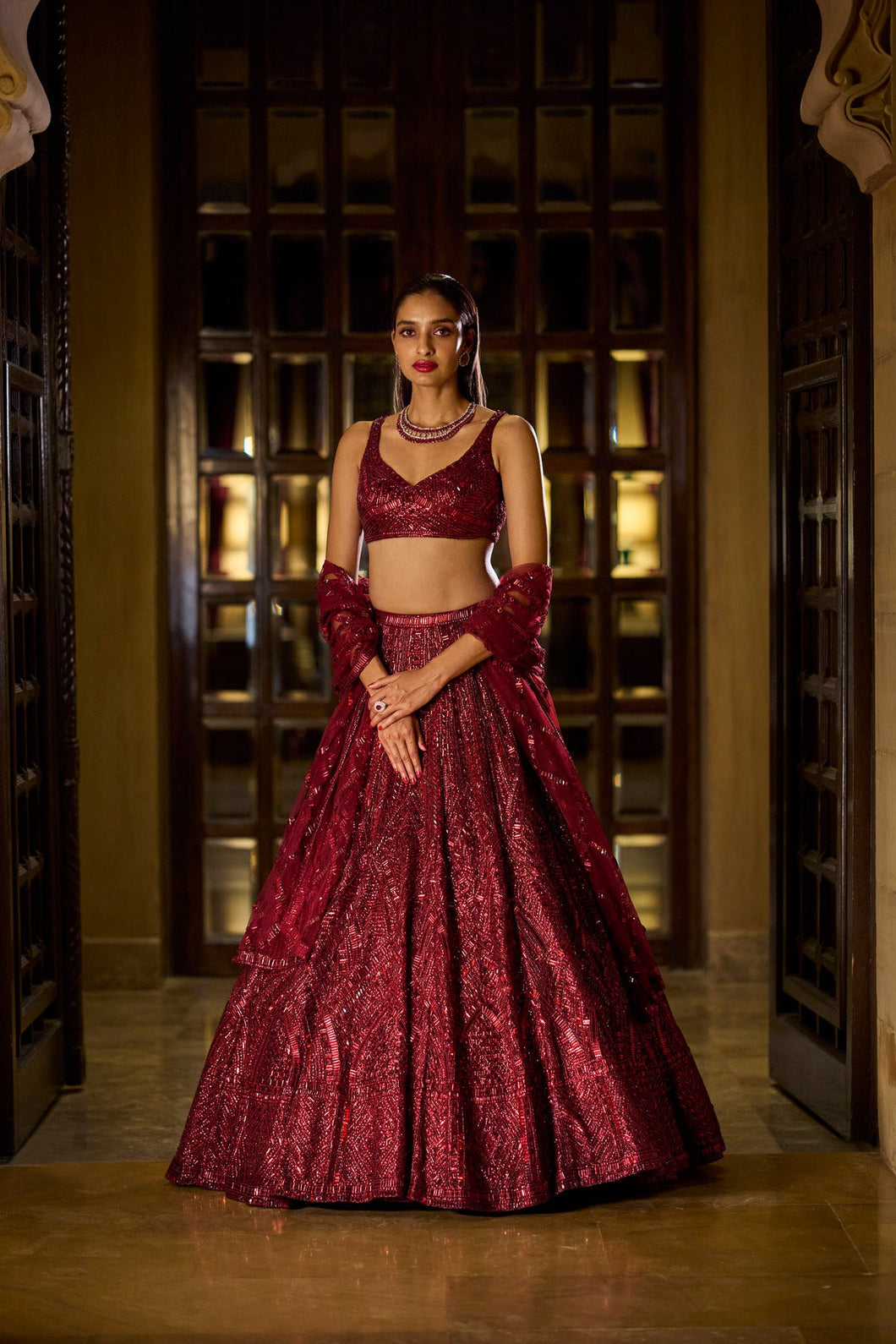 Deep Maroon Sequin Lehenga Set