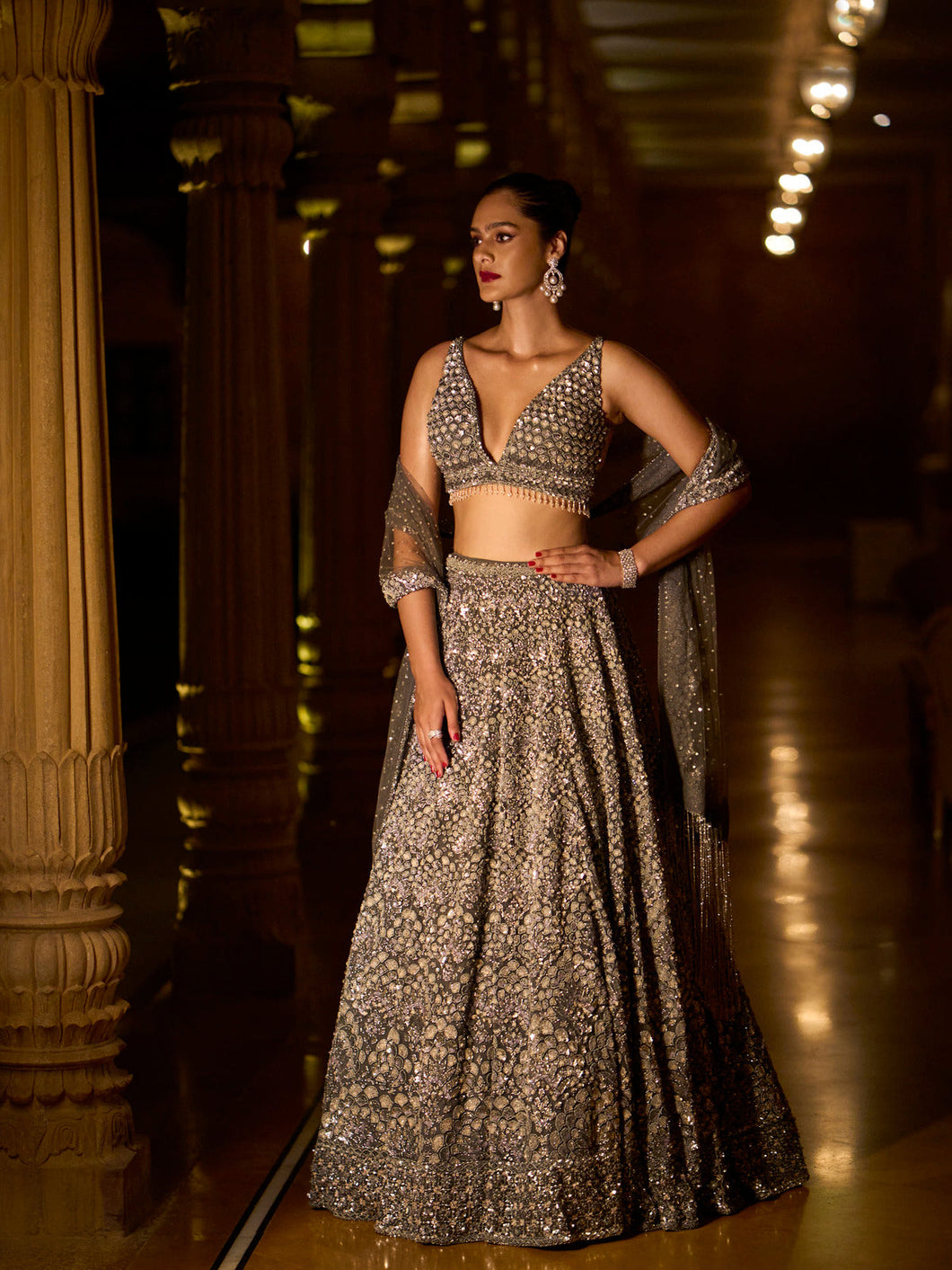 Grey Sequin Lehenga Set
