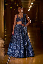 Load image into Gallery viewer, Metallic Blue Sliver Lehenga Set
