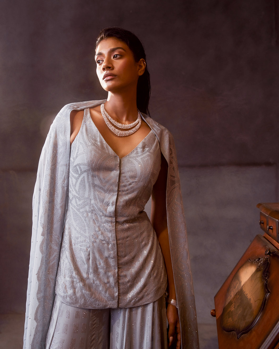 Powder Blue Crystal Sharara Set
