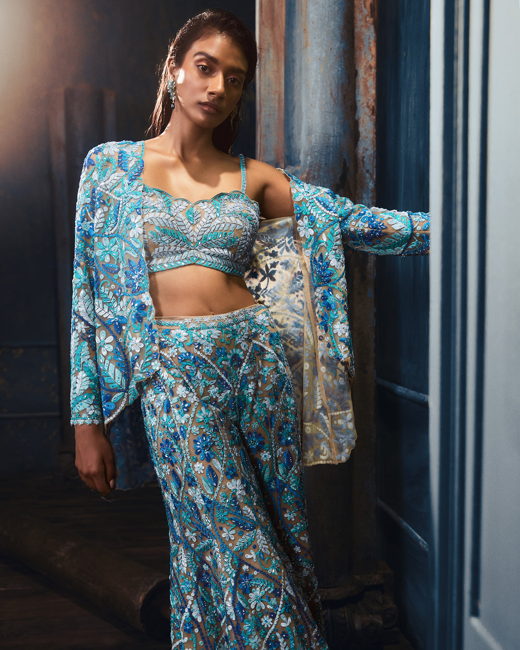 Blue-Green Thread Work Jacket Set