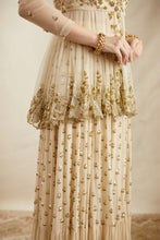 Load image into Gallery viewer, OFF WHITE WITH GOLD WORK PEPLUM AND SHARARA SET
