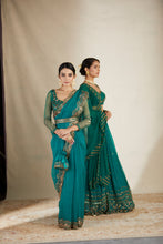 Load image into Gallery viewer, TEAL GREEN ANTIQUE SEQ WORK SAREE SET
