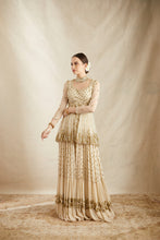 Load image into Gallery viewer, OFF WHITE WITH GOLD WORK PEPLUM AND SHARARA SET

