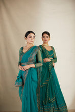 Load image into Gallery viewer, TEAL GREEN ANTIQUE SEQ WORK SAREE SET
