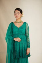 Load image into Gallery viewer, TEAL GREEN THREADWORK PEPLUM AND SHARARA
