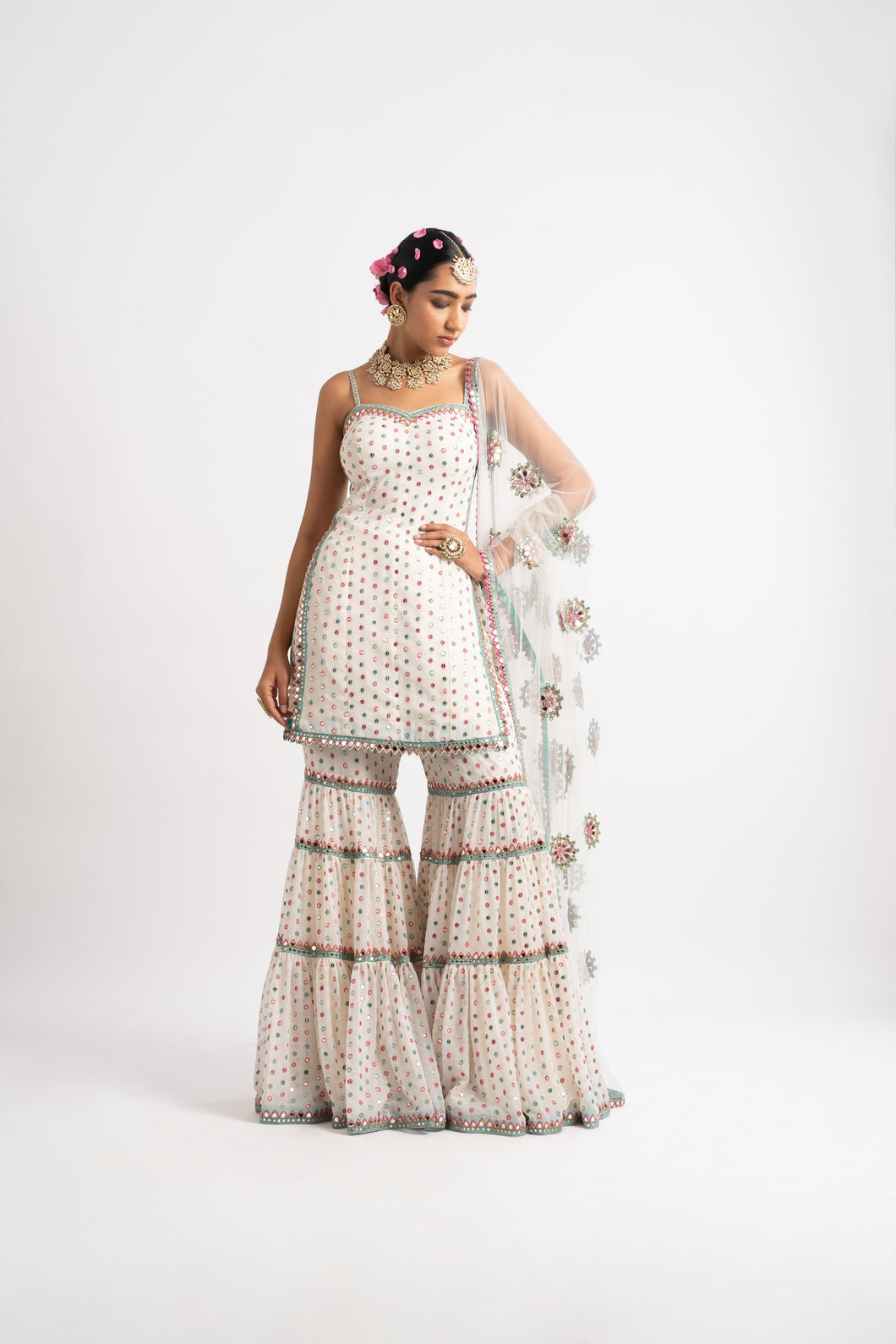White Multi Tier Multi Color Sharara Set