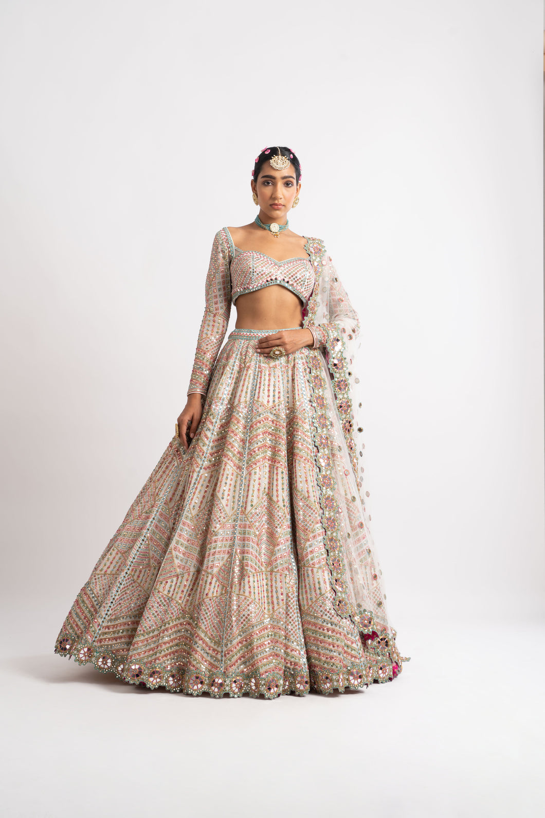 White Heavy Multi Geo Color Lehenga Set