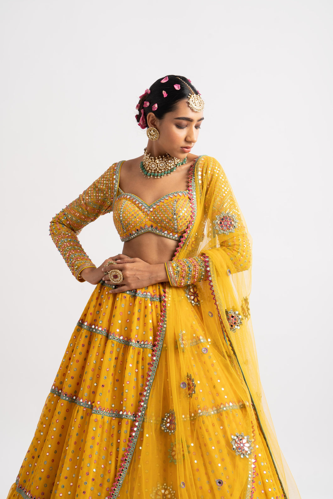Yellow Multi Tier Multi Color Lehenga Set