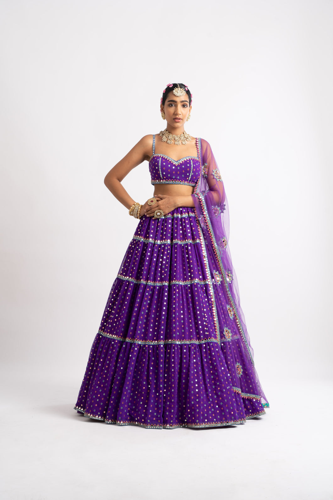 Purple Noodle Strap Multi Tier Lehenga Set