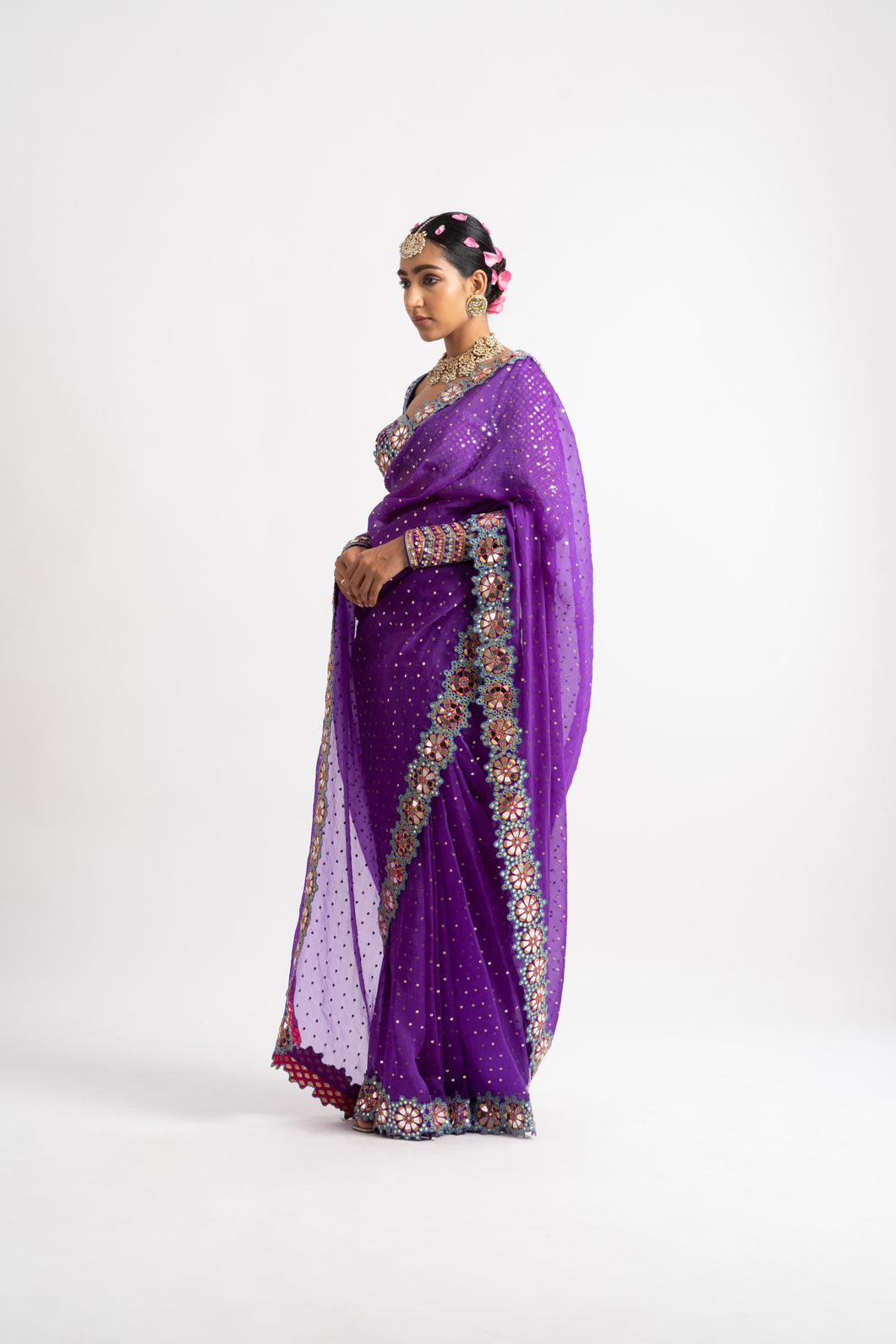 Purple Hand Cut Mirror Border Saree Set