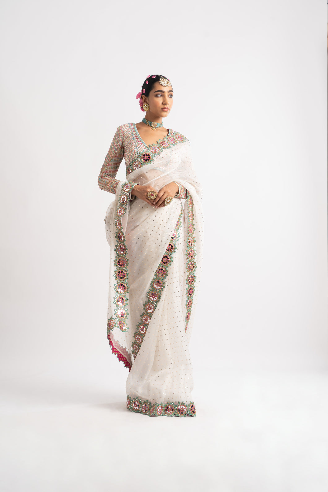 White Hand Cut Mirror Border Saree Set
