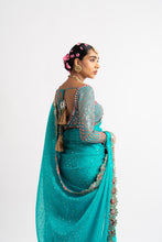Load image into Gallery viewer, Peacock Green Hand Cut Mirror Border Saree Set
