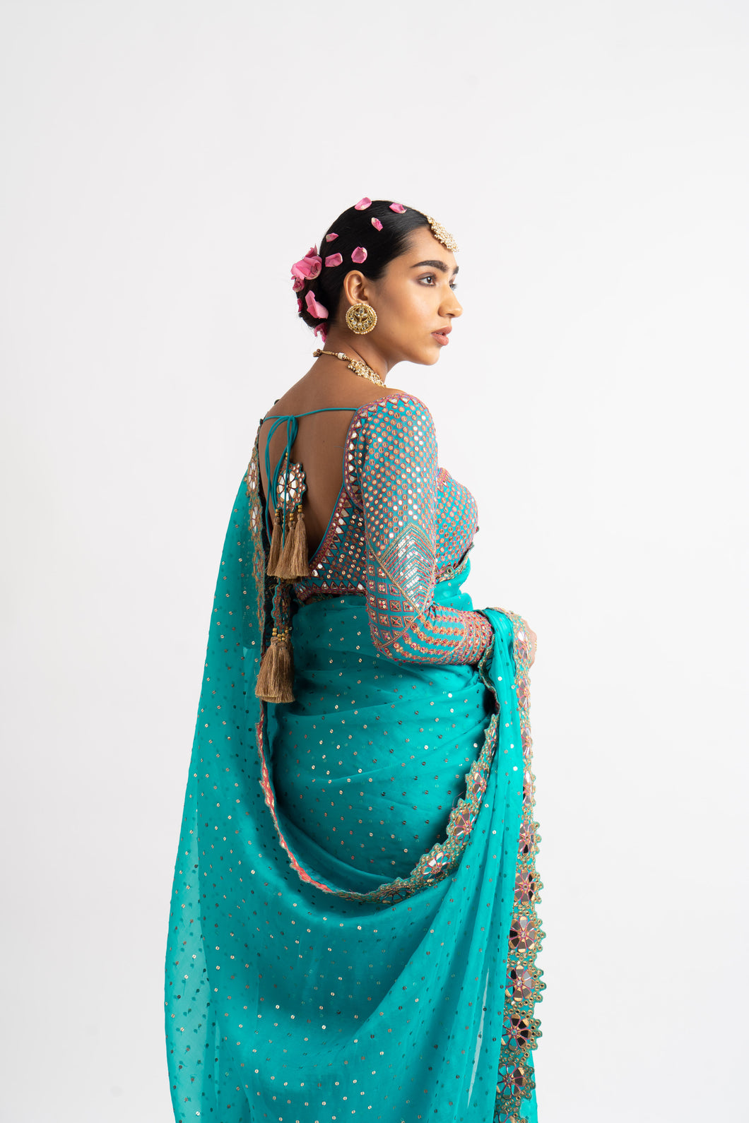Peacock Green Hand Cut Mirror Border Saree Set
