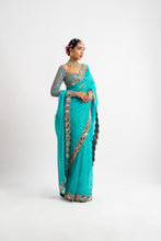 Load image into Gallery viewer, Peacock Green Hand Cut Mirror Border Saree Set
