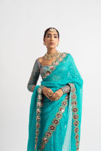 Load image into Gallery viewer, Peacock Green Hand Cut Mirror Border Saree Set
