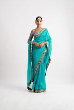 Load image into Gallery viewer, Peacock Green Hand Cut Mirror Border Saree Set
