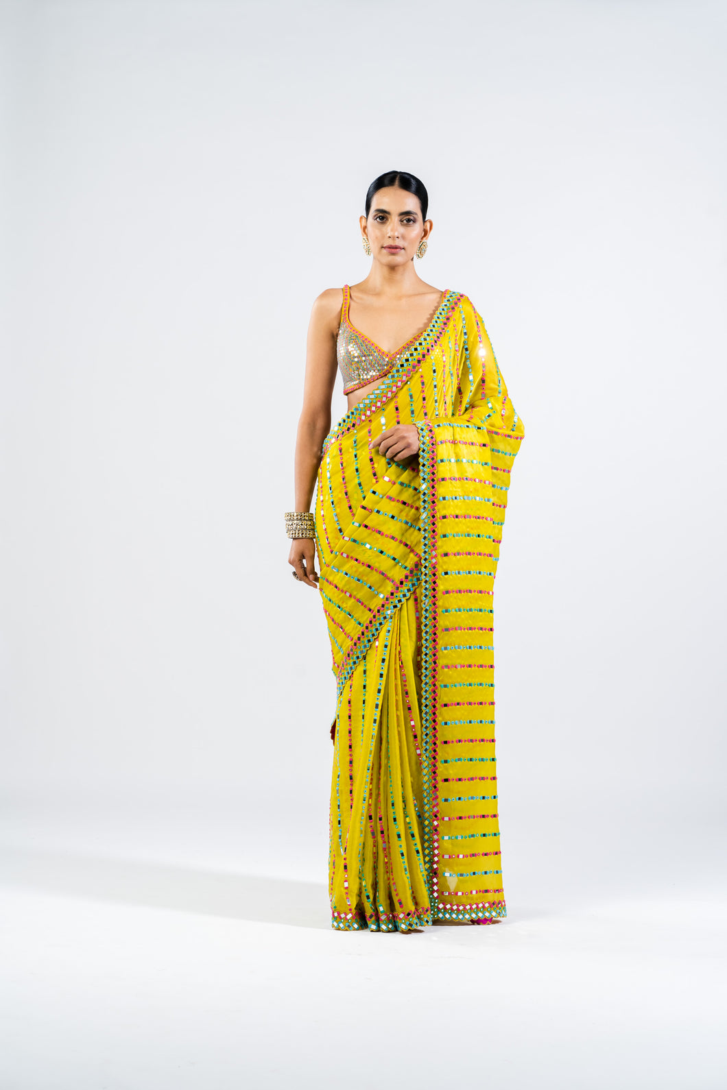 MOSS GREEN MIRROR SAREE WITH METALLIC BLOUSE