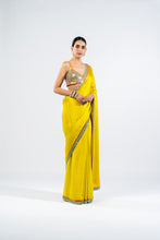 Load image into Gallery viewer, MOSS GREEN SATIN CHIFFON SAREE WITH METALLIC BLOUSE
