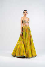 Load image into Gallery viewer, MOSS GREEN LINEAR DROP LEHENGA WITH METALLIC BLOUSE.
