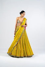 Load image into Gallery viewer, MOSS GREEN LINEAR DROP LEHENGA WITH METALLIC BLOUSE.
