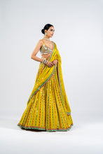 Load image into Gallery viewer, MOSS GREEN LINEAR DROP LEHENGA WITH METALLIC BLOUSE.
