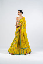 Load image into Gallery viewer, MOSS GREEN LINEAR DROP LEHENGA WITH METALLIC BLOUSE.
