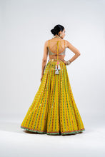 Load image into Gallery viewer, MOSS GREEN LINEAR DROP LEHENGA WITH METALLIC BLOUSE.
