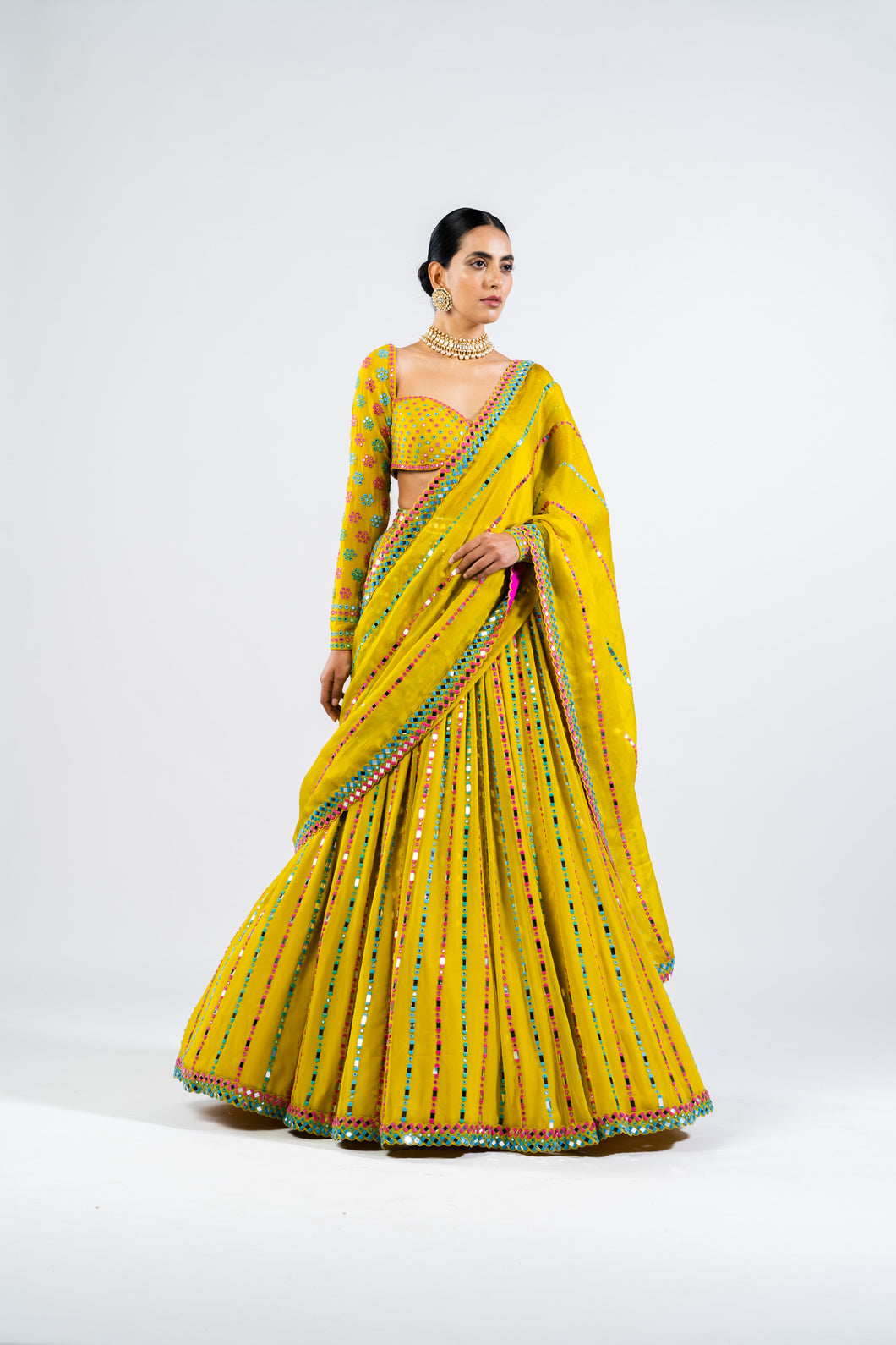 MOSS GREEN LINEAR DROP LEHENGA SET